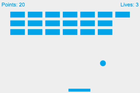Spielbildschirm des Spiels MDN Breakout, das mit Phaser erstellt wurde, wo Sie Ihr Paddle verwenden können, um den Ball abzuprallen und das Ziegelspielfeld zu zerstören, wobei Punkte und Leben berücksichtigt werden.