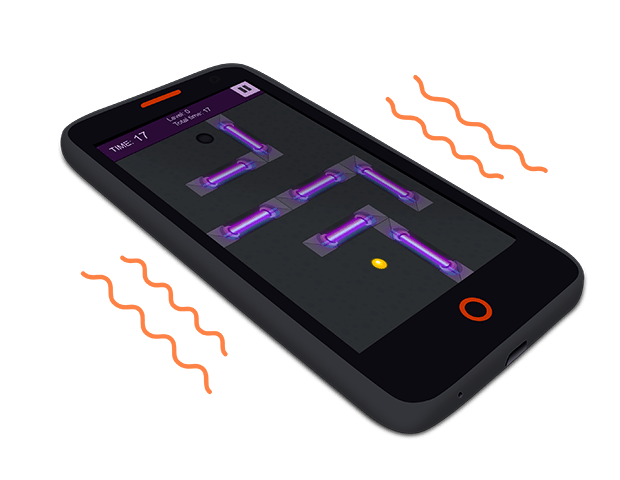 Eine Visualisierung der Vibrationen eines Flame-Mobilgeräts mit dem Cyber Orb-Spiel auf dem Bildschirm.