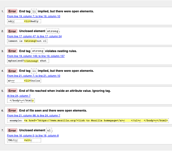 Eine Liste von HTML-Validierungsergebnissen vom W3C-Markup-Validation-Service