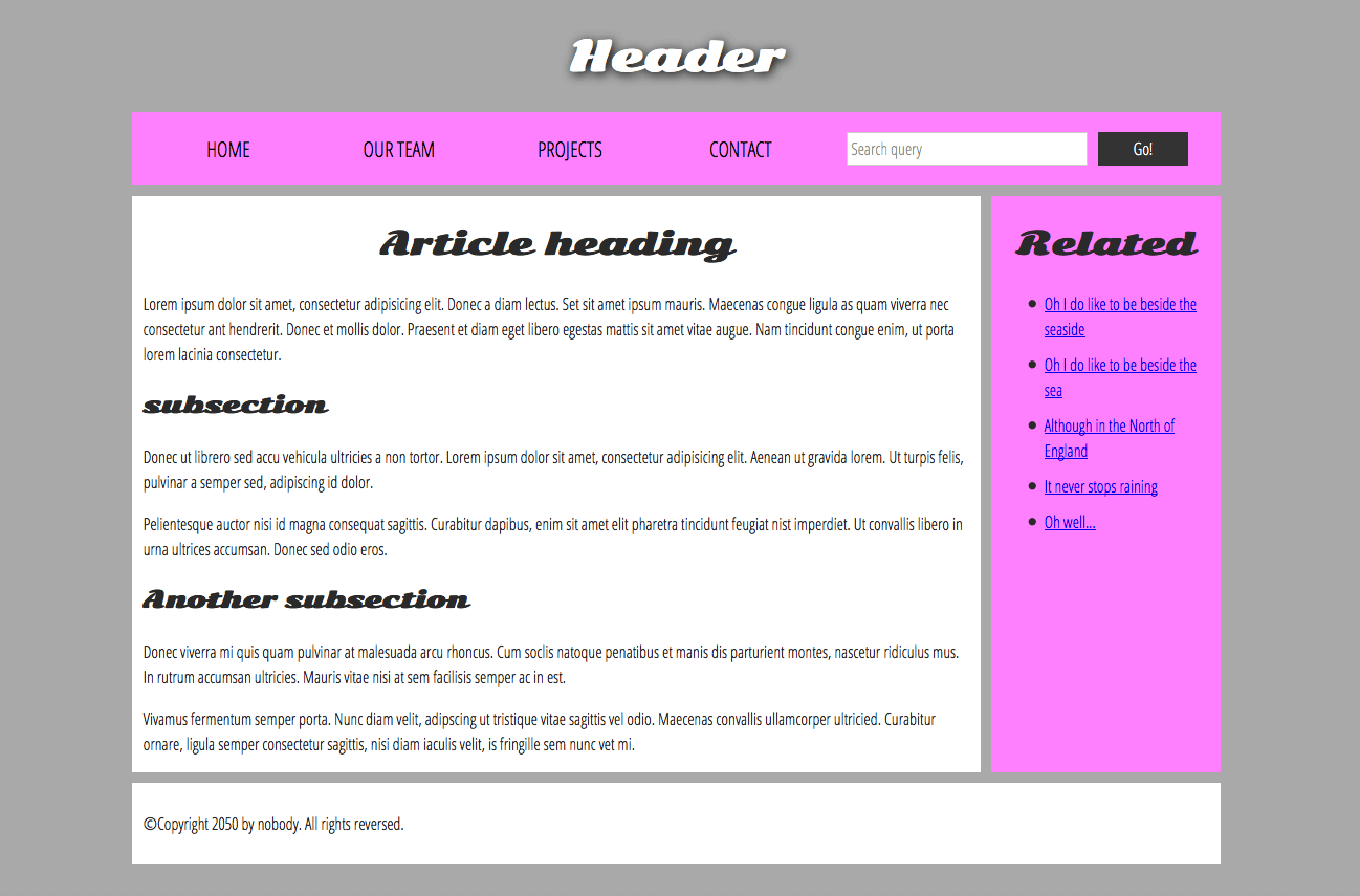 Ein einfaches Website-Strukturbeispiel mit einer Hauptüberschrift, Navigationsmenü, Hauptinhalt, Seitenleiste und Footer.