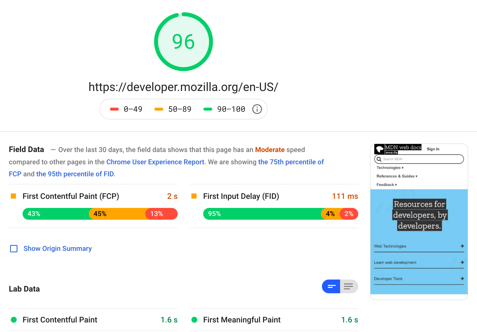Ein Screenshot des PageSpeed Insights-Berichts für die Mozilla-Startseite.