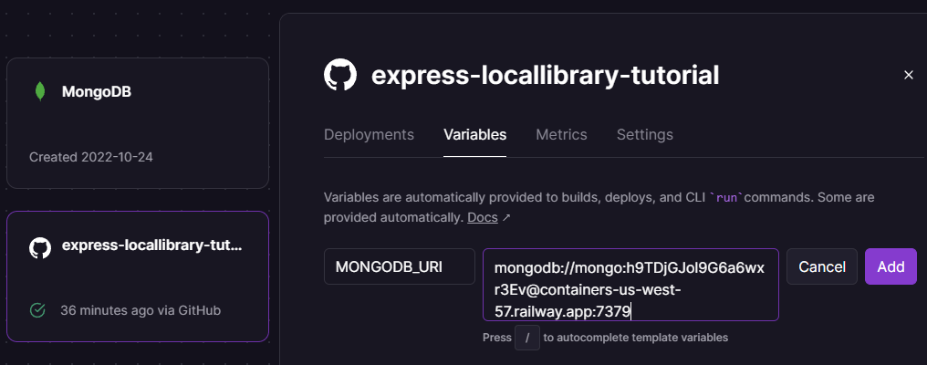 Railway-Website-Variablenbildschirm beim Hinzufügen der MONGODB_URI-Variablen und Adresse