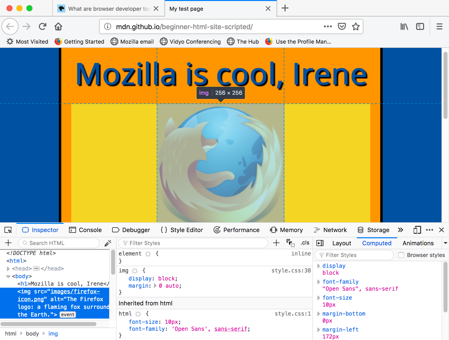 A test website is opened in a tab in the browser. The browser developer tools sub-window is open. The developer tools has several tabs. Inspector is one of those tabs. Inspector tab displays the HTML code of the website. An image tag is selected from the HTML code. This results in highlighting of the image corresponding to the selected tag in the website.