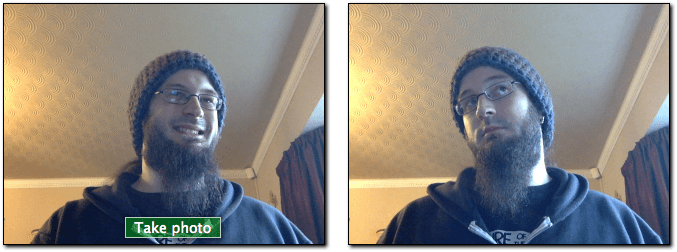 getUserMedia-basierte Bildaufnahme-App — links sehen wir einen Videostream von einer Webcam und einen Fotoaufnahme-Button, rechts das Standbild aus der Fotoaufnahme
