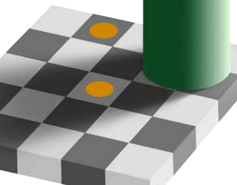 Ein Bild eines Schachbretts, wo identische Farben unterschiedlich aussehen, wenn sie im Schatten liegen