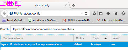 Die Eingabe des Suchwortes filtert die Optionen. Nur die layers.offmainthreadcomposition.async-animations Einstellung wird angezeigt und ist auf true gesetzt. Die drei Zahlen in der oberen linken Ecke des Browsers über seiner Benutzeroberfläche haben sich auf 005, 003 und 108 erhöht.